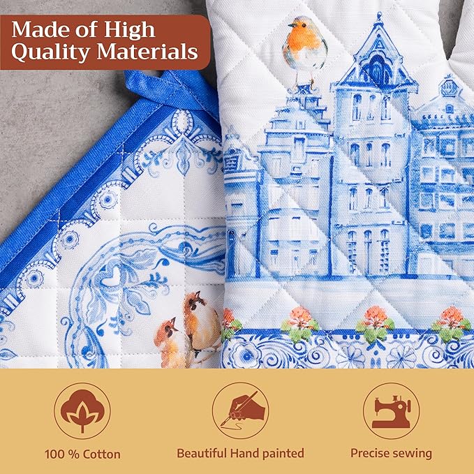 Maison d' Hermine 100% Cotton Oven Mitt & Pot Holder Set (7.5"x13" & 8"x8") Heat Resistant BBQ Cooking Gloves with Loop Baking Grilling Kitchen Hotel Home Farmhouse Spring Summer (Amsterdam Canals)
