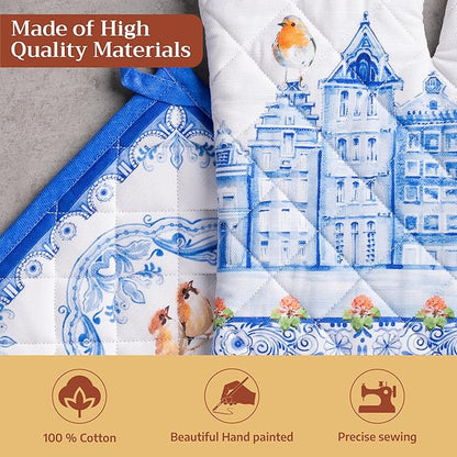 Maison d' Hermine 100% Cotton Oven Mitt & Pot Holder Set (7.5"x13" & 8"x8") Heat Resistant BBQ Cooking Gloves with Loop Baking Grilling Kitchen Hotel Home Farmhouse Spring Summer (Amsterdam Canals)