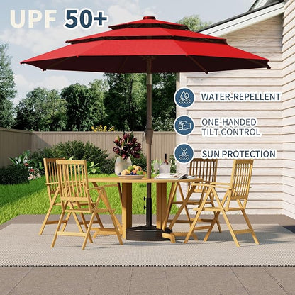 9FT 3 Tiers Patio Umbrella With Auto Tilt And Crank, Outdoor Table Market Umbrella with 8 Sturdy Ribs for Garden, Lawn, Deck, Backyard and Pool