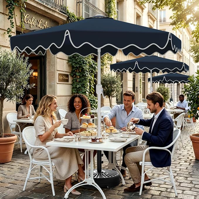 AreShark 9FT Outdoor Patio Umbrella with Wavy Trim (Navy) | Market Table Umbrellas w/ 6 Sturdy Ribs, Crank & Tilt, White Pole, Pool Umbrella with UV-Fade Resistant Fabric, Heavy Frame