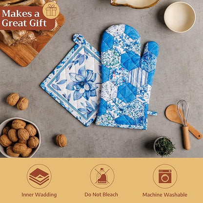Maison d' Hermine Pot Holders 100% Cotton Heat Resistant Potholders 8" x 8" Hot Pads with Loop BBQ Cooking Baking Hotel Farmhouse Kitchen Handling Hot Pans Spring Summer (Pack of 2, Summer Blues)