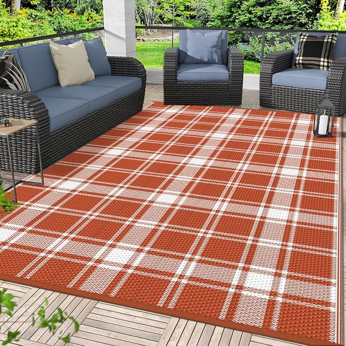 GENIMO Outdoor Rug, Waterproof Plastic Rugs for Patio, 6'x9' Orange Plaid | Outside Larger Modern Carpet Mat for Porch Decor, Deck, Balcony, Camping, RV, Backyard, Picnic, Beach, Reversible, Foldable