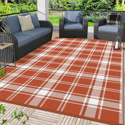 GENIMO Outdoor Rug, Waterproof Plastic Rugs for Patio, 6'x9' Orange Plaid | Outside Larger Modern Carpet Mat for Porch Decor, Deck, Balcony, Camping, RV, Backyard, Picnic, Beach, Reversible, Foldable