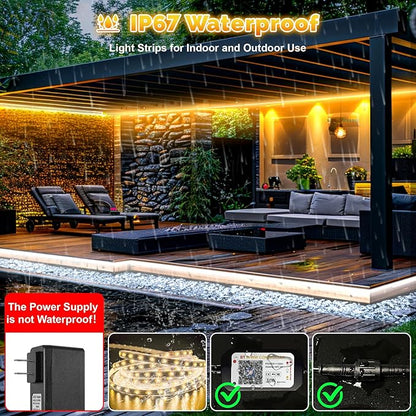 Outdoor LED Strip Lights Waterproof IP67, Dimmable 3000K-6500K Warm White LED Rope Lights Outdoor Waterproof with Remote & APP, 24v Adhesive Exterior Lighting for Patio, Deck, Gazebo (65.6FT/20M)