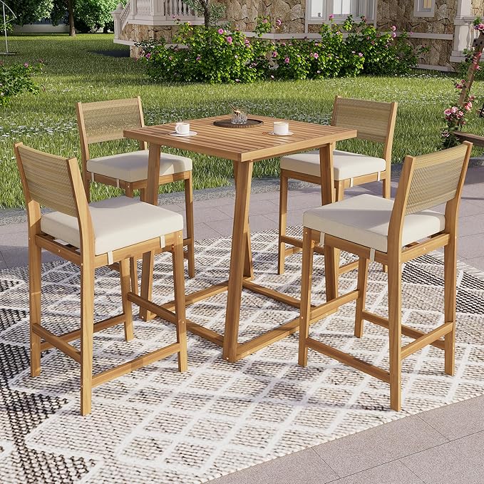 Christopher Knight Home Barron 5-Piece Acacia Wood Patio Bar Set, Patio Bar Table and Stools Set, Soft Seat Cushions, Rattan/Wicker Dining Set for Garden, Backyard, Poolside, Balcony, Teak + Beige