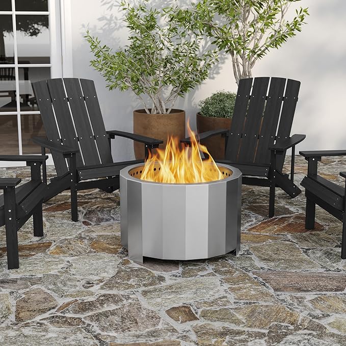 Merrick Lane Aries 27" Smokeless Firepit - Stainless Steel Finish - Wood Burning - Lightweight Portable Design - Waterproof Cover Included - No Assembly Required