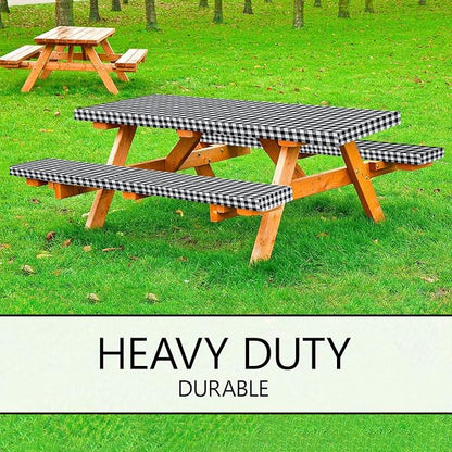 LINPRO 8ft Picnic Table Cover with Bench Covers Vinyl Fitted Picnic Table Covers with Elastic Camping Essentials and Picnic Tablecloth and RV Accessories with Bag