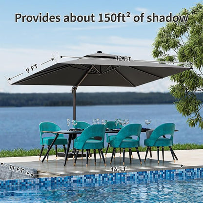 9x12FT Grey Cantilever Outdoor Patio Umbrella with Base, Large Rectangular Offset Design, Double Top Heavy Duty Aluminum Frame & 360° Rotation for Pool Garden Deck Backyard, Beige