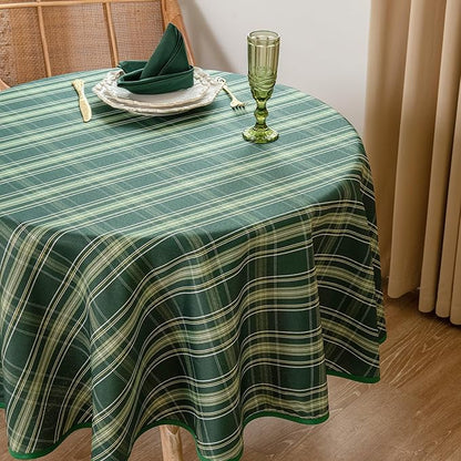 Christmas Green Plaid Waterproof Tablecloth – Classic Woven Check Design – Holiday Dining Table Cover for Xmas Parties, Stain-Resistant & Durable, 60" Round