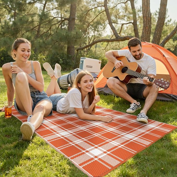 GENIMO Outdoor Rug 3'x5' Waterproof for Porch, Plastic Door Mat Orange Plaid