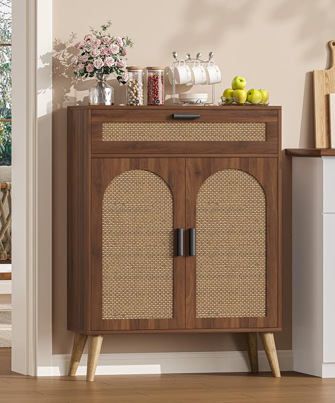 Keehusux Rattan Storage Cabinet with Drawer and 2 Doors, Walnut | Accent Sideboard Buffet Cabinet with Adjustable Shelf & Solid Wood Feets, Coffee Bar for Kitchen, Living Room, Entryway