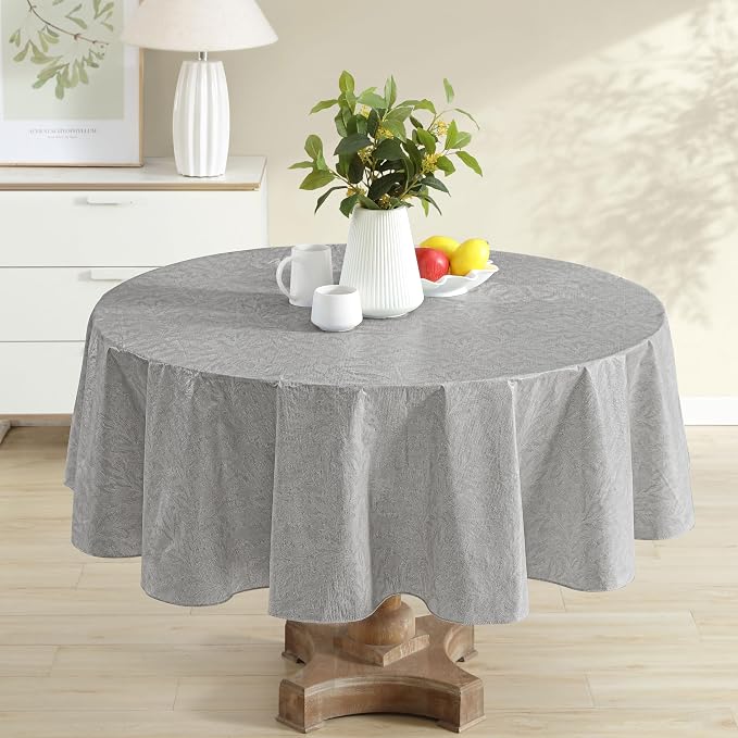 Newbridge Napa Leaf Grey Vinyl Flannel Backed Tablecloth, 70 Inch Zippered Umbrella Round, Hotel Quality Waterproof Indoor Outdoor Table Cover for Kitchen, Patio, Dining, BBQ