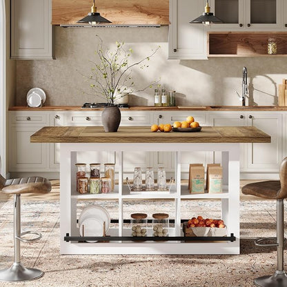 Tribesigns Kitchen Island with Storage, Farmhouse Island Bar, Brown&White | 62.6" Wooden Stationary Kitchen Storage Island Counter Height with 6 Open Cubbies and Footrests for Dining Room, Vintage