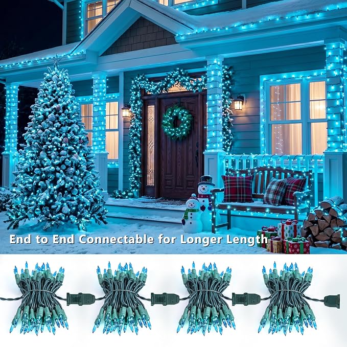 BrizLabs Teal Christmas Incandescent String Lights Outdoor 300 Count 69.6ft | Connectable; Green Wire; UL Certified; Waterproof Mini Xmas Tree lights for Indoor Outside Holiday Party Garden Patio Decor