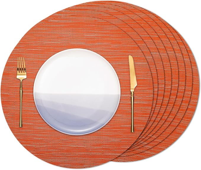 Round Placemats Set of 8 Heat Resistant Vinyl Placemats 15 inch Washable Non-Slip Table Mats Woven Place Mats for Dining Table (Orange, Set of 8)
