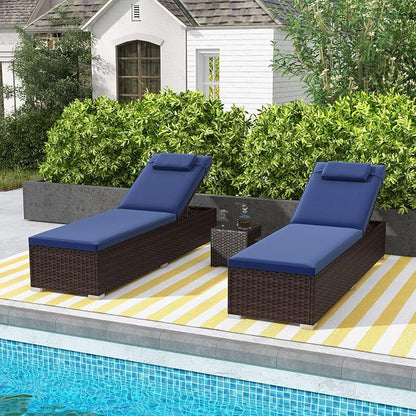 Tangkula Patio Chaise Lounge, Outdoor Rattan Lounge Chair w/ 6-Level Backrest, Comfy Seat Cushion & Headrest, Sturdy Metal Frame, Outside Reclining Chair for Backyard, Poolside (1, Navy)