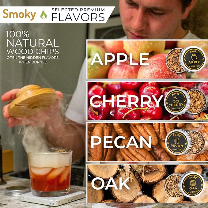 NOBLESIP® Wood Chips for Cocktail and Food Smokers. Set of 4 Selected Natural Flavors: Apple, Cherry, Pecan, Oak. Smoke Whiskey, Bourbon, Old Fashioned, Meats and Cheese. Smokes 200+ Drinks.
