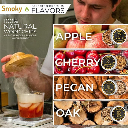 NOBLESIP® Wood Chips for Cocktail and Food Smokers. Set of 4 Selected Natural Flavors: Apple, Cherry, Pecan, Oak. Smoke Whiskey, Bourbon, Old Fashioned, Meats and Cheese. Smokes 200+ Drinks.