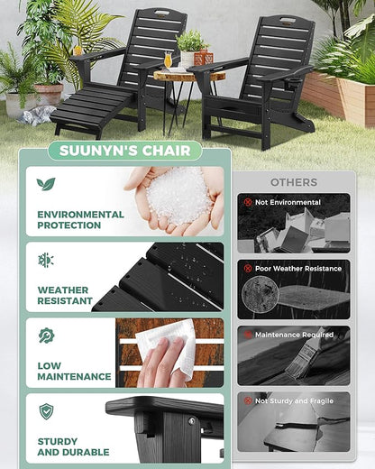 Adjustable Adirondack Chairs Set of 6 with Retractable Ottoman, HDPE Folding Adirondack Chair with Cup Holders, Weather Resistant for Backyard, Poolside & Fire Pit (Black)