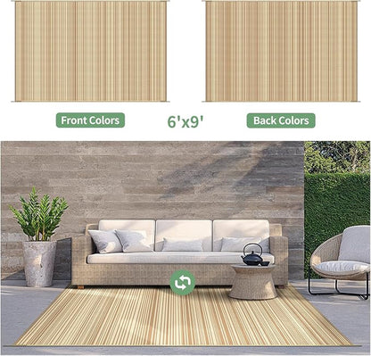 GENIMO Outdoor Rug, Waterproof Plastic Rugs for Patio, 6'x9' Deep Beige | Outside Larger Modern Carpet Mat for Porch Decor, Deck, Balcony, Camping, RV, Backyard, Picnic, Beach, Reversible, Foldable