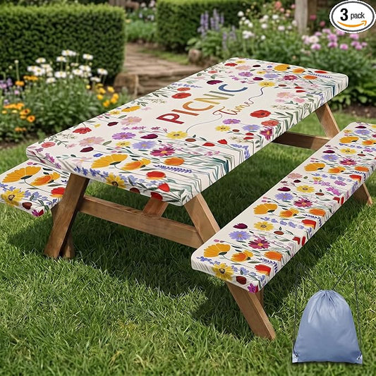 Picnic Table Cover with Bench Covers, Wildflower Boho, 72 Inch | 3PCS Camper fitted waterproof outdoor camping tablecloth essentials with elastic edges and drawstring bag