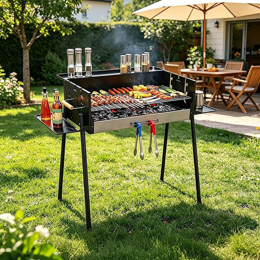 Foldable Charcoal Grill with 3 Gear Adjustable Temperature, Windproof Camping BBQ Grill with Foldable Storage Shelves, Heavy Duty Portable Charcoal Grills for Backyard Tailgating 5-16 People