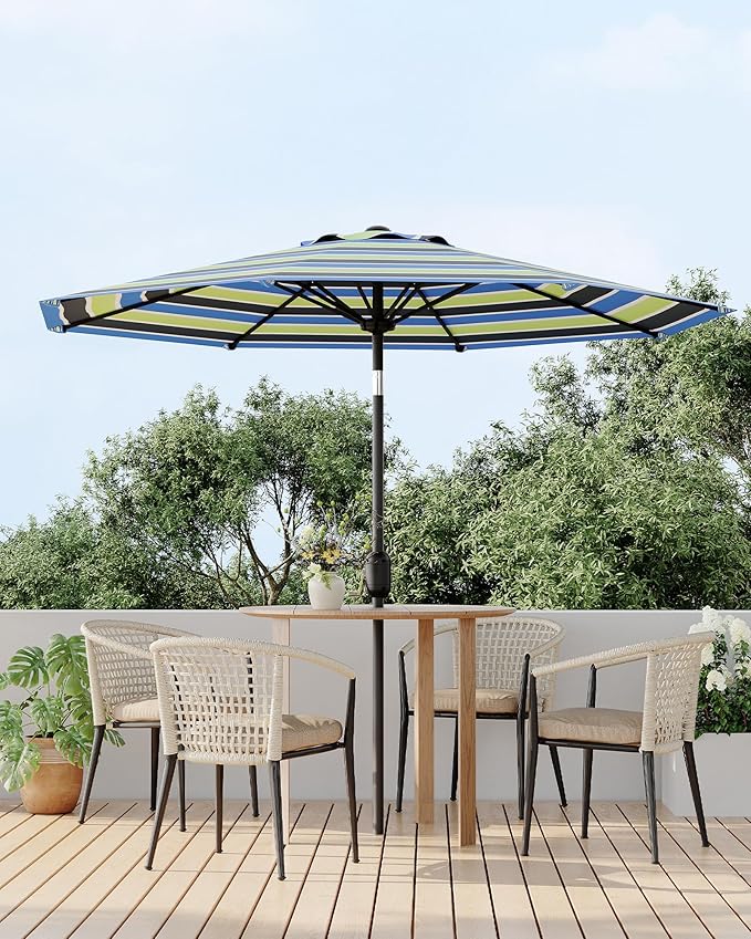 GarveeLife 9 ft Patio Umbrella, Outdoor Table Market Umbrella with Push Button Tilt and Crank, 8 Sturdy Ribs UV Protection Waterproof for Garden, Deck, Backyard, Pool (Yellow-blue-purple striped)