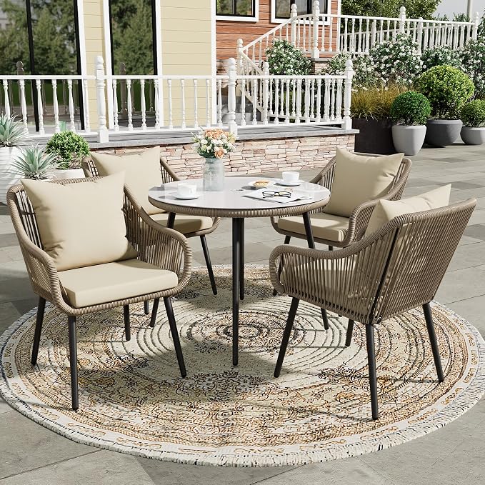 Wisteria Lane 5-Piece Patio Dining Table Set, All Weather Twisted Rattan Furniture Set with Cushions, Outdoor Dining Table Chair Set with Umbrella Hole, Ideal for Backyard Balcony Deck Garden, Beige