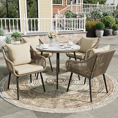 Wisteria Lane 5-Piece Patio Dining Table Set, All Weather Twisted Rattan Furniture Set with Cushions, Outdoor Dining Table Chair Set with Umbrella Hole, Ideal for Backyard Balcony Deck Garden, Beige