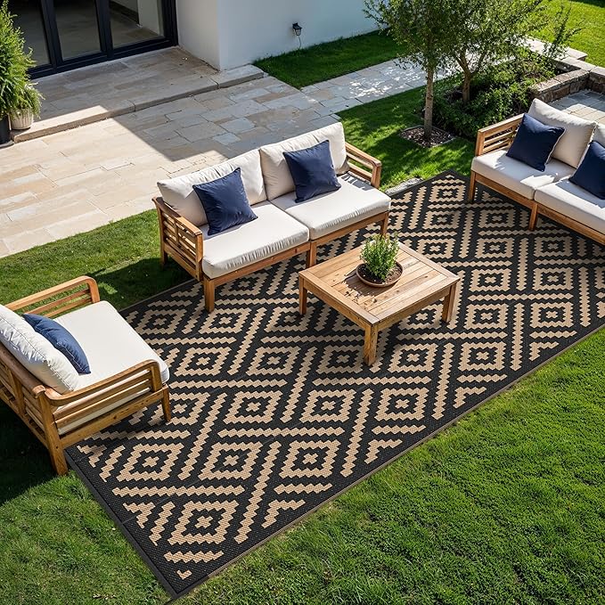 GENIMO Outdoor Rug, Waterproof Plastic Rugs 9'x18' for Camping Black Brown | Outside Larger Modern Carpet Mat for Patio Decor, RV, Porch, Camper, Deck, Picnic, Beach, Backyard, Reversible, Foldable