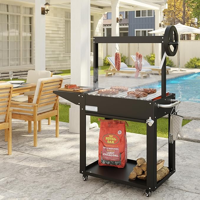 KoolMore 50 in. Charcoal Grill BBQ, Santa Maria Argentine Outdoor Grill with Interchangeable V Grates, Heavy Duty Barbecue Grilling Grill, Black