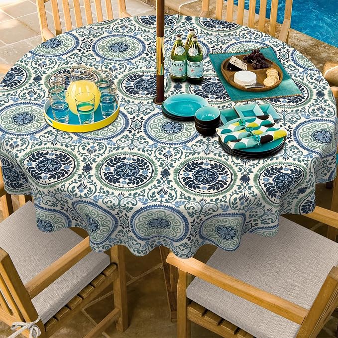Outdoor/Indoor Round Tablecloth with Umbrella Hole Zipper, Decorative Circular Table Cover for Home Garden, 60 Inch, Celadon Wreath