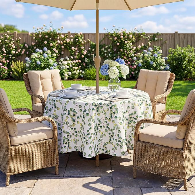 Lamberia 60" Round Patio Tablecloth with Umbrella Hole and Zipper, Waterproof Outdoor Table Cover for Patio, Backyard, BBQ, Picnic & Indoor Dining, Washable Polyester Circular Tablecloth