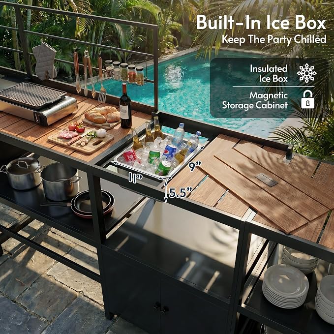 Modular Outdoor Kitchen Island with Sink, 4Pcs Aluminum Outdoor Kitchen Kit | Aluminum Frame, Weatherproof, Modular Grill Cart & Ice box, Large Countertop & Wall Hanging Design, For Patio BBQ, Party