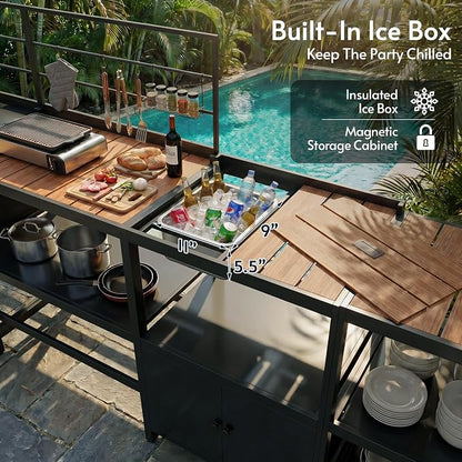 Modular Outdoor Kitchen Island with Sink, 4Pcs Aluminum Outdoor Kitchen Kit | Aluminum Frame, Weatherproof, Modular Grill Cart & Ice box, Large Countertop & Wall Hanging Design, For Patio BBQ, Party