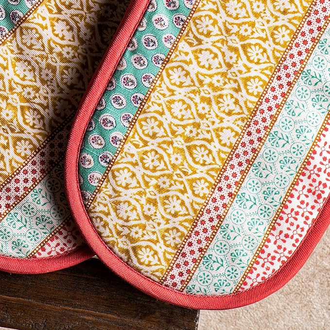 Maison d' Hermine Double Oven Mitts 100% Cotton 7"x35" Double Oven Mitt Heat Resistant BBQ Cooking Gloves with Loop Baking Grilling Kitchen Hotel Home Farmhouse Spring Summer (Provence)