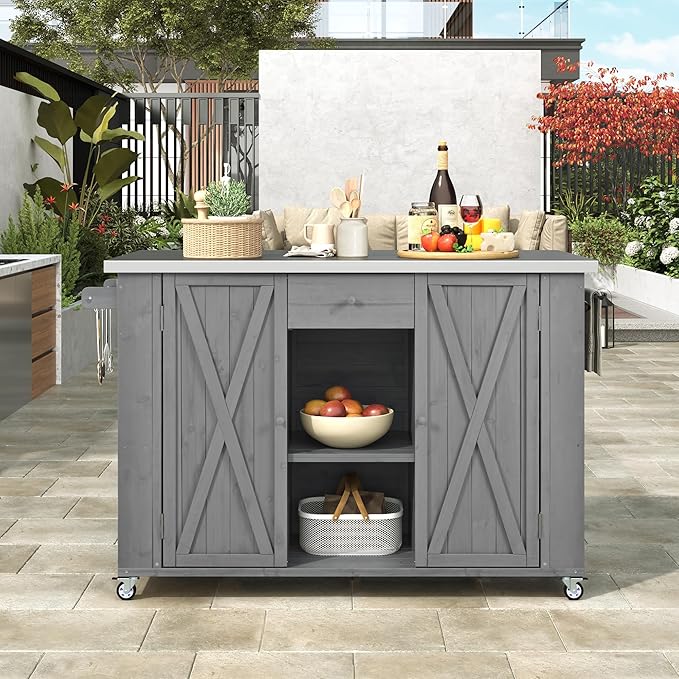 Outdoor Kitchen Island 52.25" W x 28.75" D x 36.25" H Solid Fir Wood with Stainless Steel Top Grey
