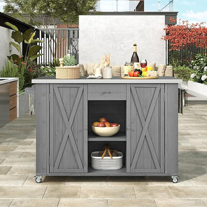 Outdoor Kitchen Island 52.25" W x 28.75" D x 36.25" H Solid Fir Wood with Stainless Steel Top Grey