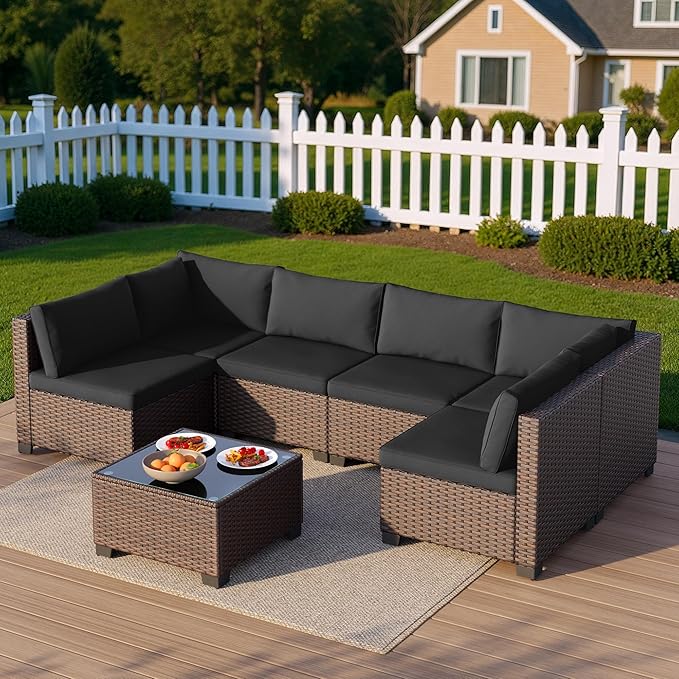 Qsun 7 Pieces Outdoor Patio Furniture Set, All-Weather PE Rattan Outdoor Patio sectional Furniture with Cushions and Glass Table, for Garden, Backyard, Porch, Black