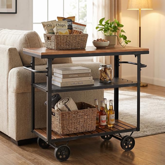 Industrial 3 Tier Rolling Utility Storage Cart Wine Beverage, Metal Wine Rack with Wheels Kitchen Bar Dining Room Tea Wine, Storage Cart with Wood
