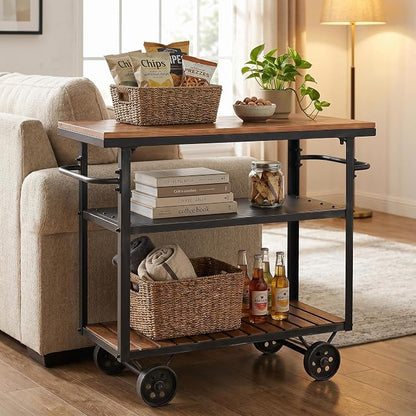 Industrial 3 Tier Rolling Utility Storage Cart Wine Beverage, Metal Wine Rack with Wheels Kitchen Bar Dining Room Tea Wine, Storage Cart with Wood