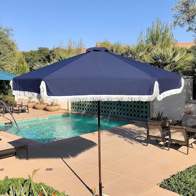FORMOSA 9ft 6 Rib Market Premium Patio Umbrella Replacement Canopy - 300D UV Protective and Water Resistant Patio Canopy - Umbrella Replacement Cover (CANOPY ONLY) (Navy Fringe Olefin)