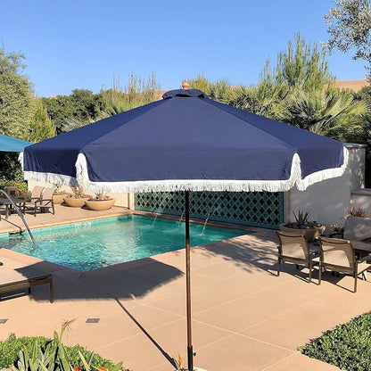 FORMOSA 9ft 6 Rib Market Premium Patio Umbrella Replacement Canopy - 300D UV Protective and Water Resistant Patio Canopy - Umbrella Replacement Cover (CANOPY ONLY) (Navy Fringe Olefin)