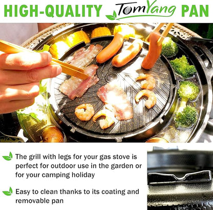 TomYang Korean Bbq Grill Pan, 13 inch, Camping Pan, Stove Top Non-stick Coating, More than 100 Recipe Videos, KBBQ pan, 4 x Bamboo tongs, Dishwasher, Grill Pan, Korean food
