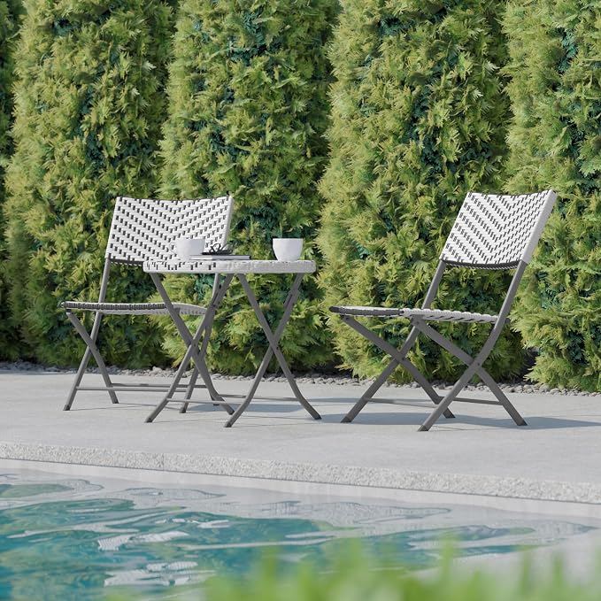 Flash Furniture Rouen Commercial Grade Folding Bistro Set, Indoor/Outdoor PE Rattan Table Top, Back and Seat, Charcoal Steel Frames, 3 Piece Set, Gray/White