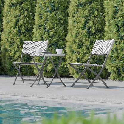 Flash Furniture Rouen Commercial Grade Folding Bistro Set, Indoor/Outdoor PE Rattan Table Top, Back and Seat, Charcoal Steel Frames, 3 Piece Set, Gray/White