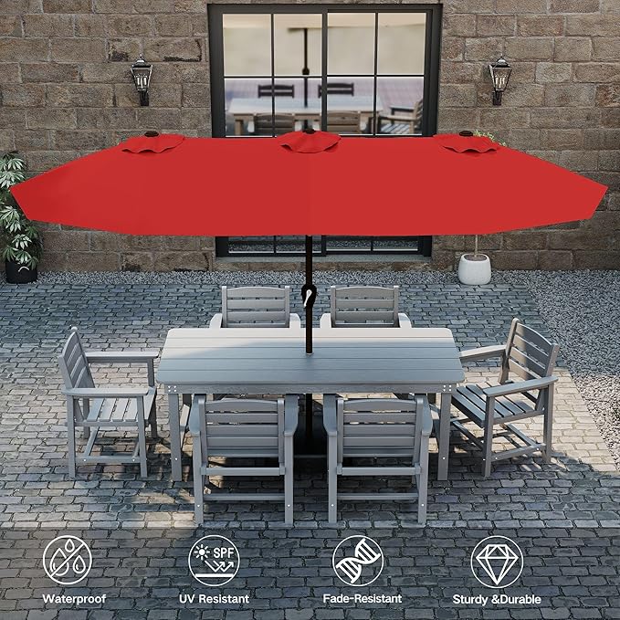 Kingdura 15ft Large Patio Umbrella with Solar Lights, Double-Sided Rectangle Lighted Outdoor Table Umbrella with Base Included, 12 Reinforced Ribs, 48 Led Lights, Crank Lift for Market Pool Deck Backyard, Red