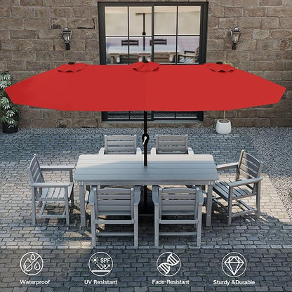 Kingdura 15ft Large Patio Umbrella with Solar Lights, Double-Sided Rectangle Lighted Outdoor Table Umbrella with Base Included, 12 Reinforced Ribs, 48 Led Lights, Crank Lift for Market Pool Deck Backyard, Red