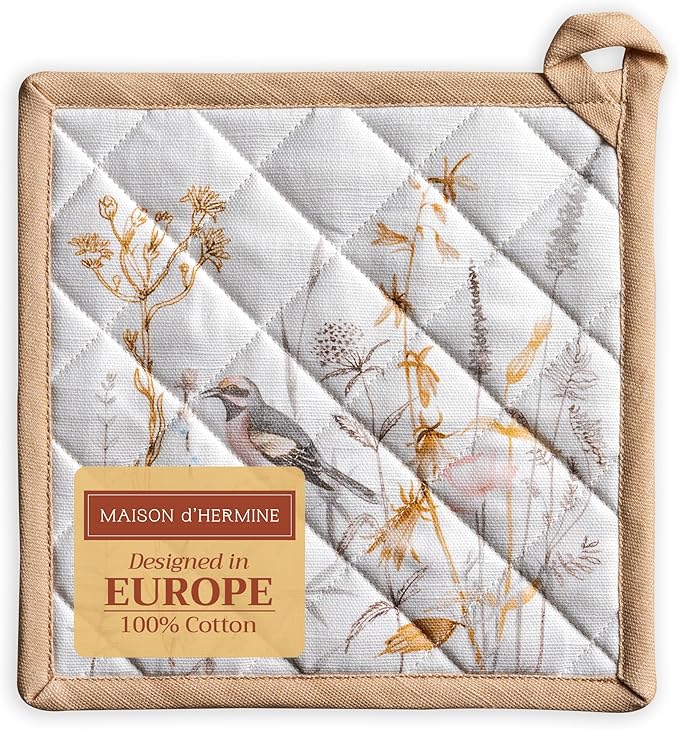 Maison d' Hermine Pot Holders 100% Cotton Heat Resistant Potholders 8" x 8" Hot Pads with Loop BBQ Baking Hotel Farmhouse Kitchen Handling Hot Pans Spring Summer (Pack of 1, Meadow Florals - Beige)