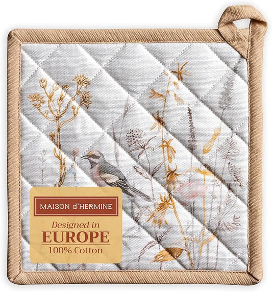 Maison d' Hermine Pot Holders 100% Cotton Heat Resistant Potholders 8" x 8" Hot Pads with Loop BBQ Baking Hotel Farmhouse Kitchen Handling Hot Pans Spring Summer (Pack of 1, Meadow Florals - Beige)